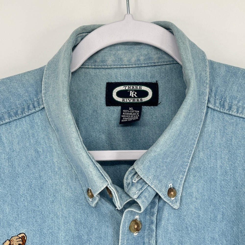 Vintage Teddy Bear Embroidered Denim Shirt XL Oversized 90s Cottagecore - Picture 6 of 8